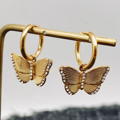 Inlaid Cz Butterfly charm18K Gold Plated Huggie Earring