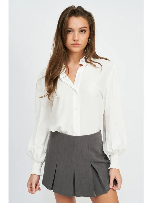 Button Up Collared Blouse with Smocking