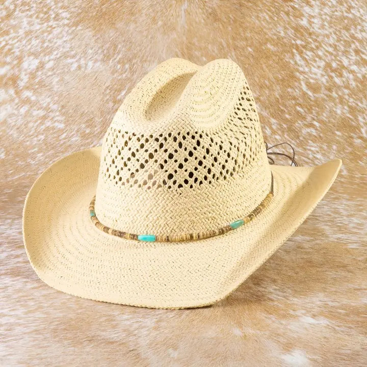 Assorted Beads Strap Straw Cowboy Hat