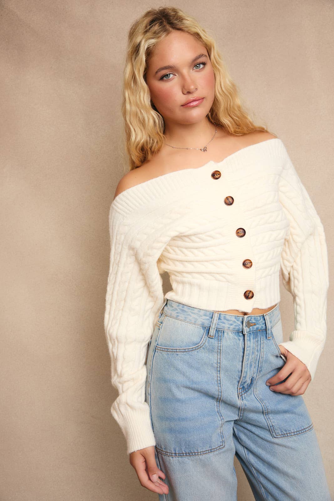 OFF-SHOULDER BUTTON DOWN SWEATER TOP
