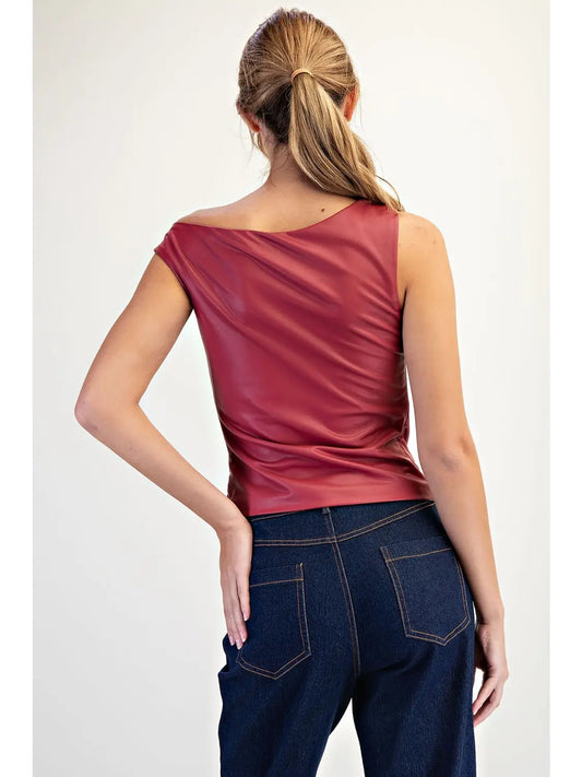Asymmetric Shoulder Stretch Faux Leather Top