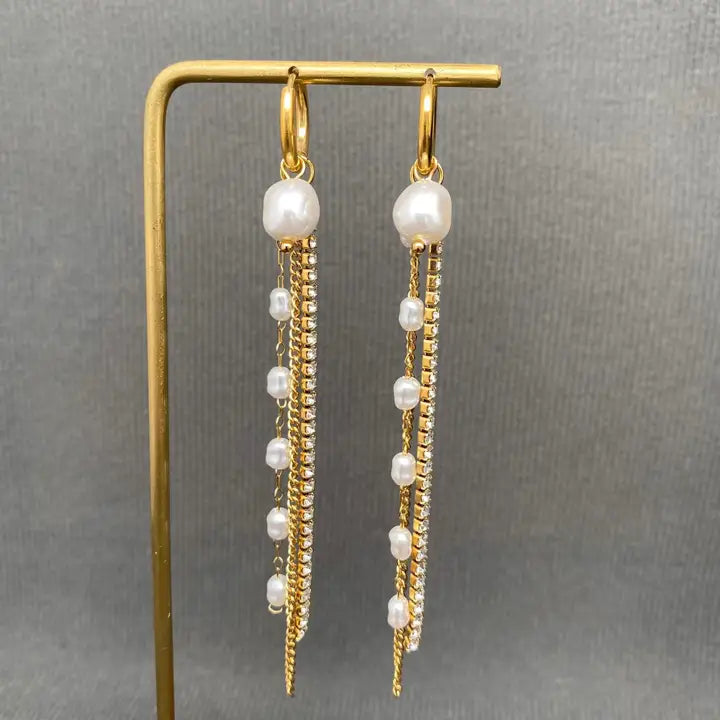 Zircon & Pearl Fringe 18K Gold Plated Ss Huggie Earrings