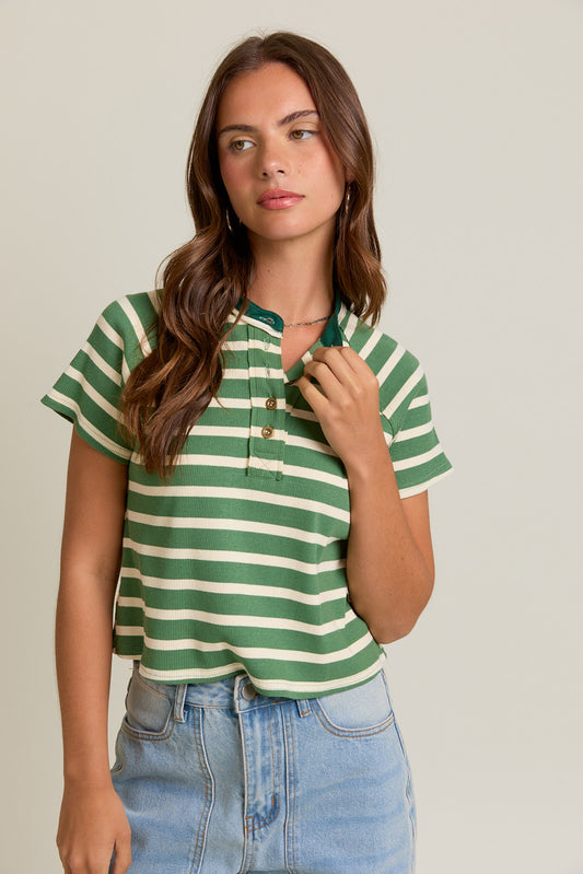 Stripe Short Sleeve Top with Contrast Neckband