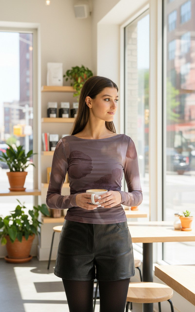 Dex Floral Printed Mesh LS Top