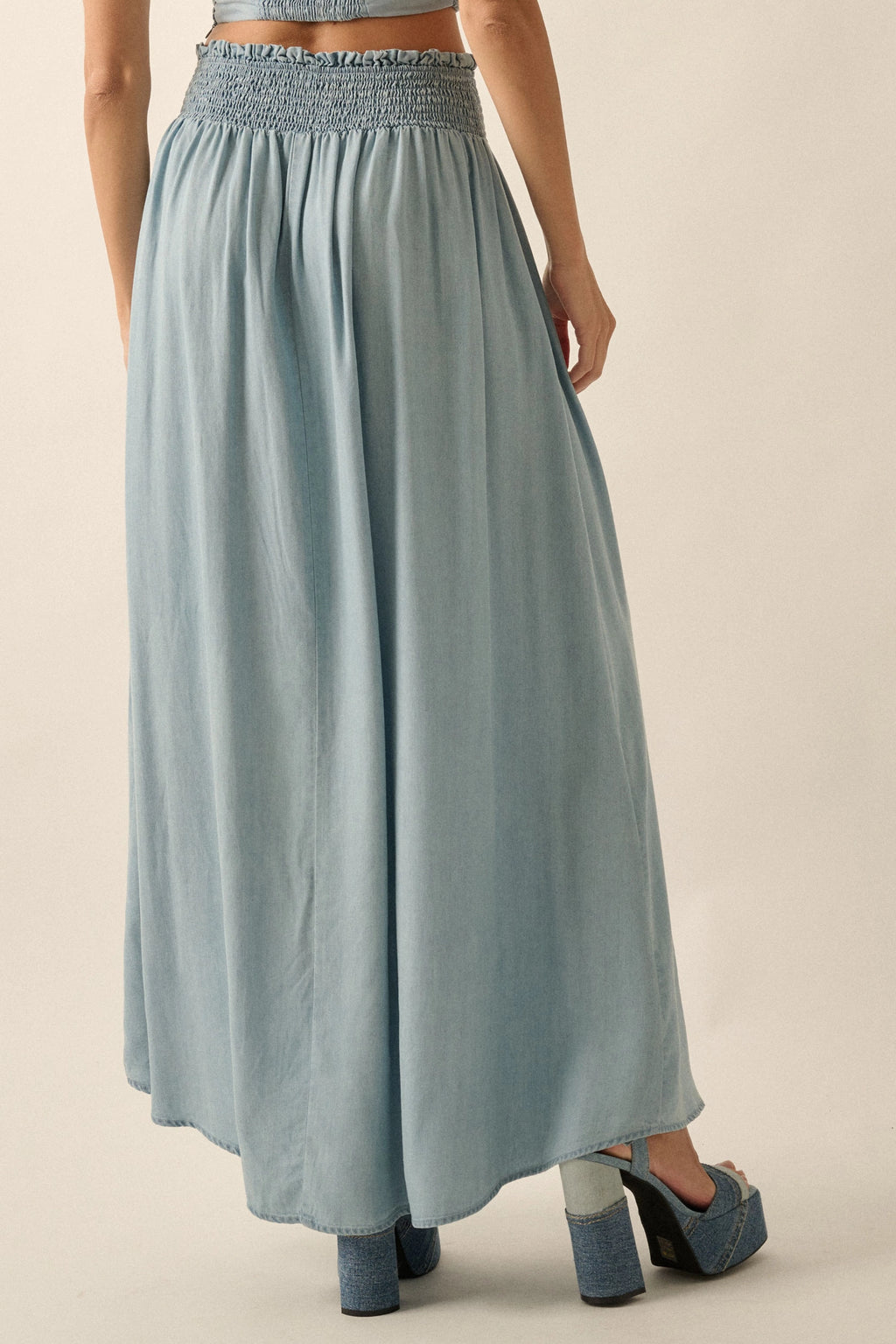 Smocked Denim Button-Front Maxi Skirt