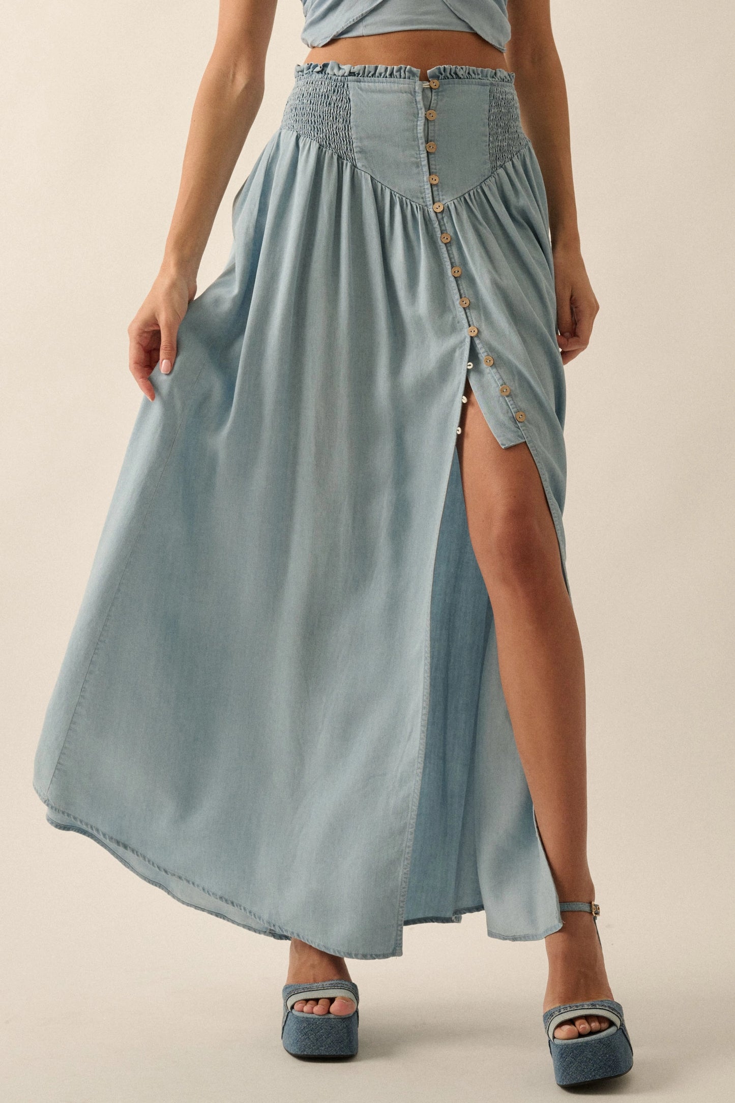 Smocked Denim Button-Front Maxi Skirt