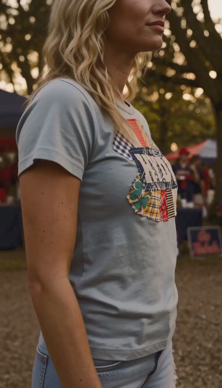 AI Generated Video - Libby Story “Hell Yeah, Damn Right” Patchwork Cropped Tee