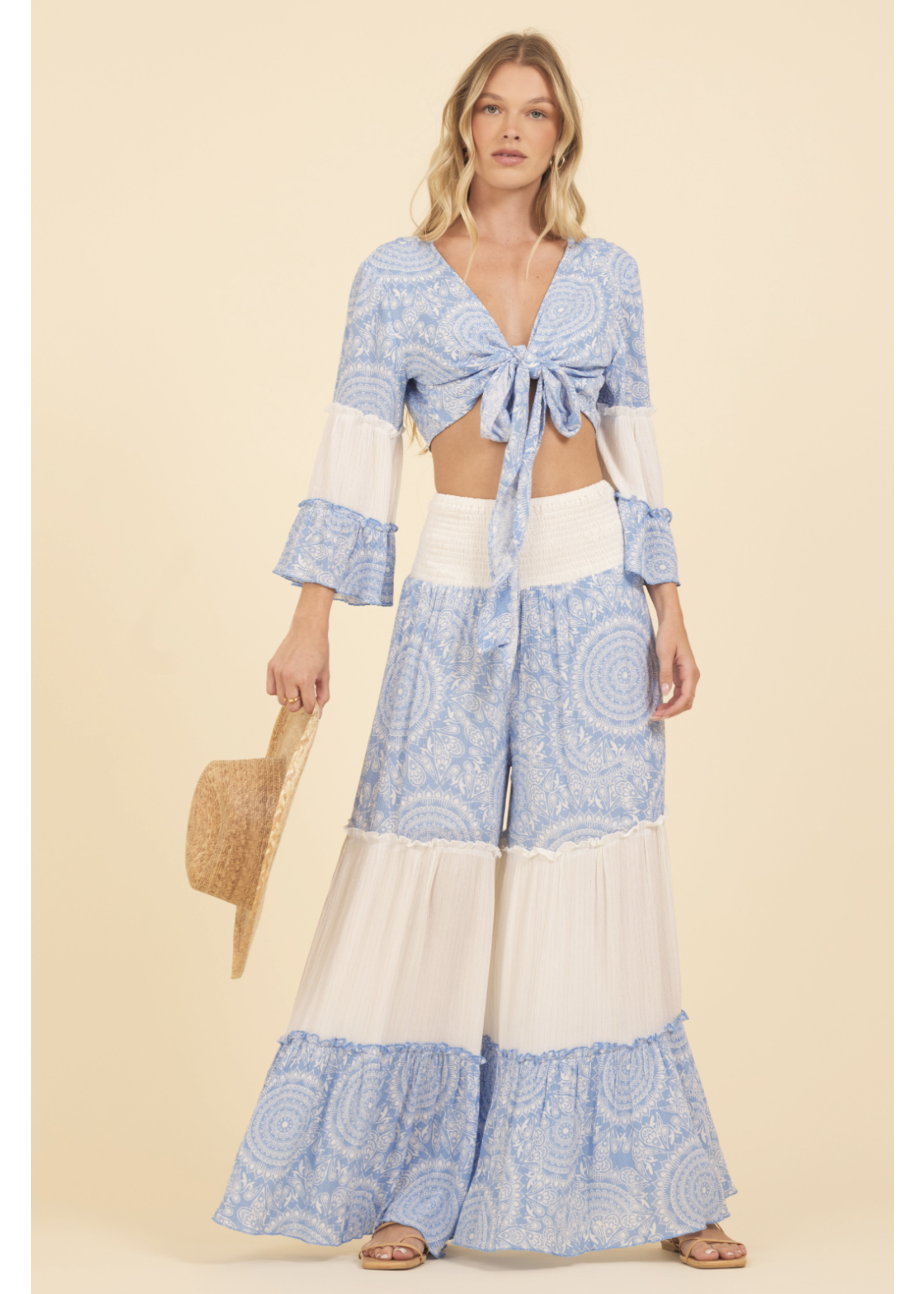Lurex Stripe Printed Tie Front Top