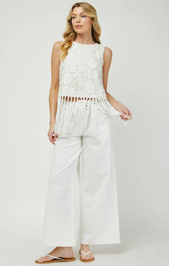 Embroidered Top with Fringe Hem
