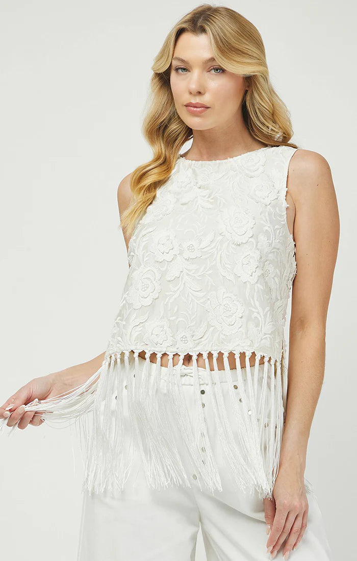 Embroidered Top with Fringe Hem