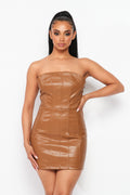 Café Latte Strapless Faux Leather Mini Dress