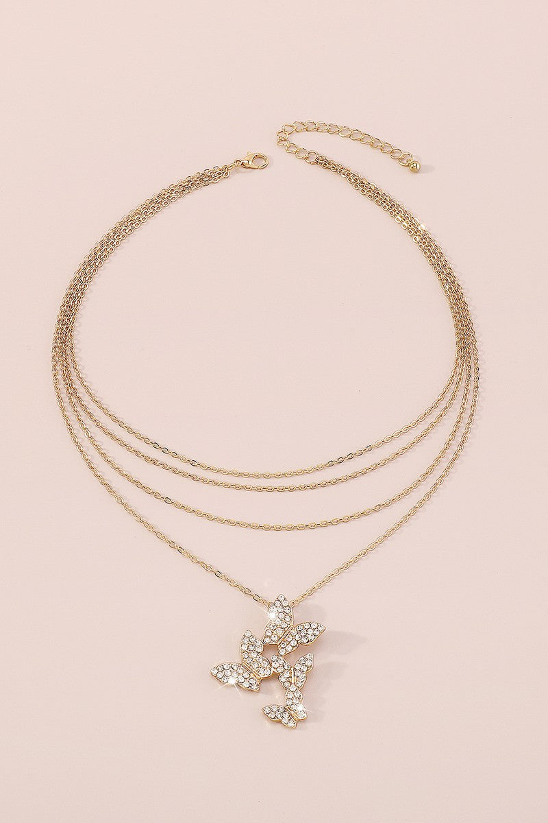 Rhinestone Butterfly Pendant Layered Necklace