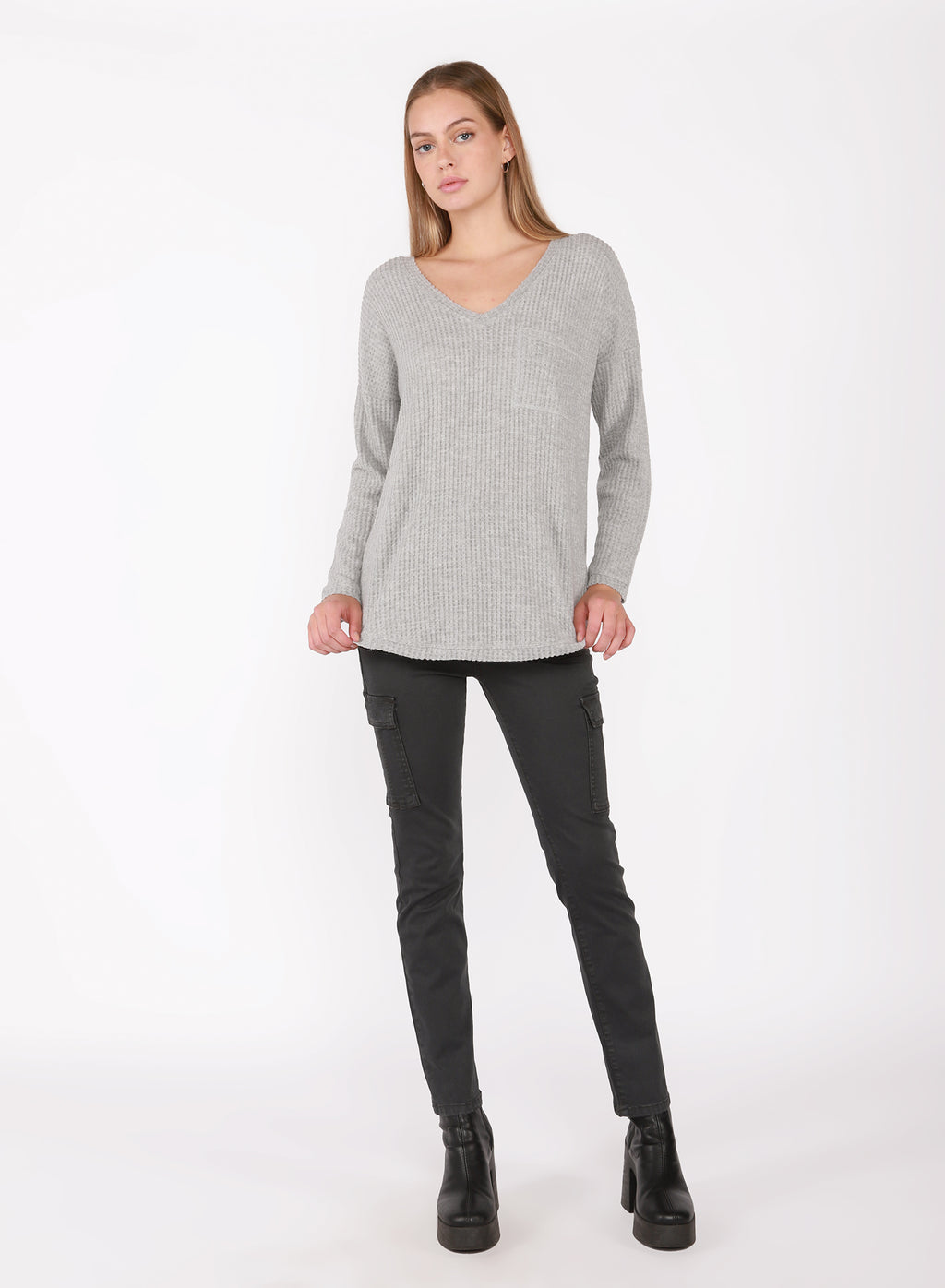 Dex Nora Brushed Rib Knit V-Neck Top